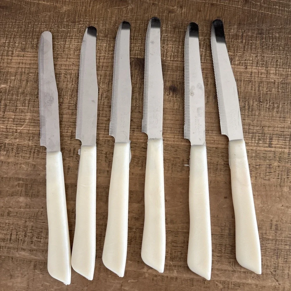 Vintage Bonomi Italy Steak Knives Set of 6 INOX Stainless Steel Cream Handles